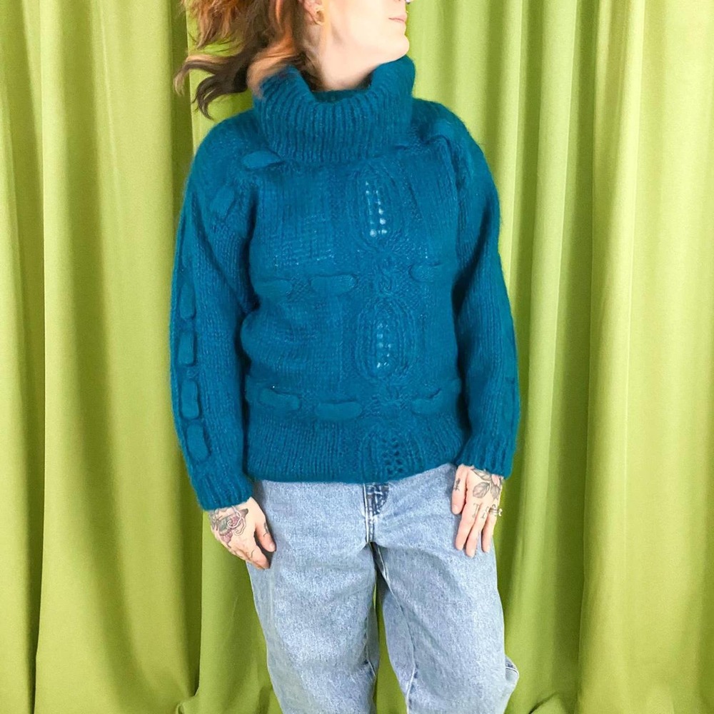 80s Vintage Teal Chunky Knit Cowl Neck Turtleneck Mohair Blend Sweater